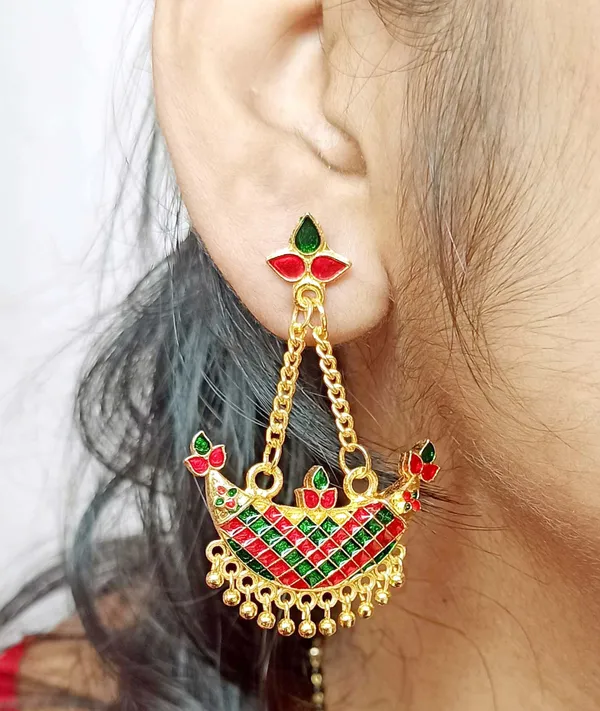 Assamese_Traditional_Copper_Gold_Plated_Red_Green_Colour_Jhumki_Earring_For_Girls_&_Women